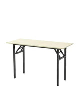 Light wood foldable desk with black metal folding frame and four legs