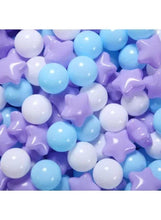 Close-up of pastel blue and purple round balls and star-shaped pieces