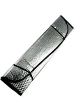 Car windshield sunshade insulation pad, dark silver with black trim and straps