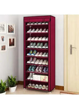 Red 9-tier shoe rack with dustproof cover, cabinet doors open to show sneakers