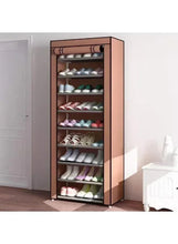 Beige 9-tier shoe rack with dustproof cover, tall cabinet with stacked shelf rows