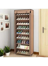 Beige 9-tier shoe rack with dustproof cover, open tall cabinet with shoe shelves