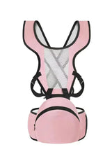 Baby hip seat carrier with shoulder straps, pink and black padded seat