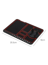 Red and black anti-slip dashboard mat, 25.5 cm by 18 cm, with phone holders
