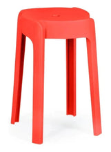 Red plastic round stool with raised seat and four straight legs