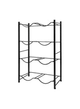 Black metal four-layer bottle storage rack with two vertical rows and open shelves