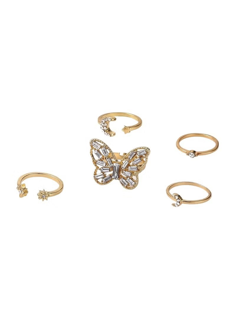 Gold-Plated Butterfly & Moon Crystal Ring Set – 5-Piece Adjustable Fashion Rings