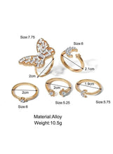 Gold-plated adjustable ring set, butterfly cluster and moon crystal charms