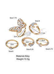 Gold-Plated Butterfly & Moon Crystal Ring Set – 5-Piece Adjustable Fashion Rings