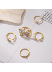 Gold-Plated Butterfly & Moon Crystal Ring Set – 5-Piece Adjustable Fashion Rings