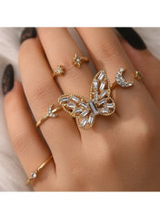 Gold-Plated Butterfly & Moon Crystal Ring Set – 5-Piece Adjustable Fashion Rings