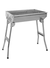 Portable charcoal BBQ grill with silver steel body and four standing legs