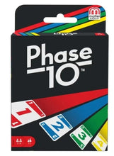 Phase 10 card game box with multicolor number card art and 'Phase 10' logo