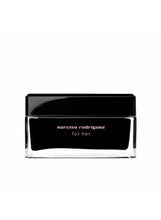Body cream jar with black lid and clear base, Narciso Rodriguez for Her label