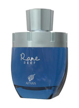 Blue extrait de parfum bottle with silver cap, Rare Reef logo, Afnan badge