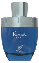 Front view blue extrait de parfum bottle with silver cap, Rare Reef logo, Afnan