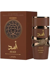 Brown EDP fragrance bottle with gold cap and matching Bourbon box with Lattafa crest