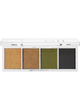 Eyeshadow quad palette with four pans: gold shimmer, bronze, olive, and dark charcoal