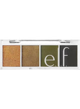 Eyeshadow quad palette with four pans: gold, olive, green, and dark gray