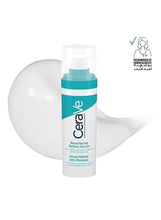 Teal-and-white skincare bottle with large white cream curve behind