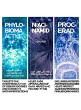 Acne treatment actives infographic featuring PHYLObioma, NIACINAMID, and PROCERAD