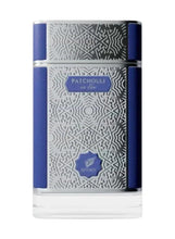 Eau de parfum bottle with silver labyrinth pattern, blue label, and clear base