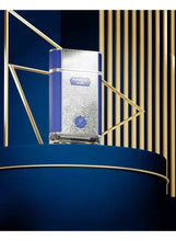 Eau de parfum bottle with silver geometric texture and blue label panel