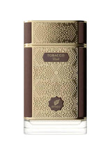 Men's eau de parfum spray bottle with gold geometric front and dark side panels