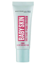 Translucent pore eraser primer tube with mint base and front Baby Skin label
