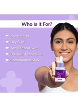 Niacinamide face serum bottle held by smiling woman with purple label