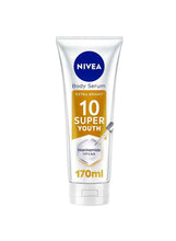 NIVEA body serum tube, white with blue logo and yellow 10 super youth badge, 170 ml