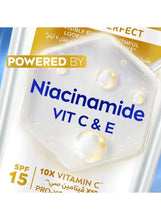 Skincare graphic for niacinamide, vitamin C & E with glowing gel droplets and text