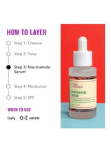 Niacinamide serum bottle with white dropper, red label