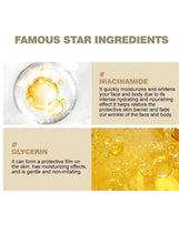 Niacinamide serum ingredient graphic with gold droplets and glycerin callout