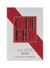 Fragrance box for men with CH HC logo and red diagonal stripe design
