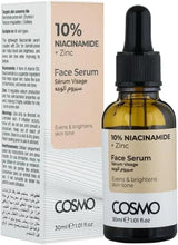 COSMO 10% niacinamide + zinc face serum bottle with black dropper, in amber glass