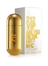 Carolina Herrera 212 VIP perfume bottle and box, gold bottle with text