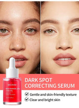 Red dark spot correcting serum bottle with dropper beside close-up skin photos