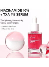 Anua niacinamide + TXA serum bottle with white dropper and red liquid in glass