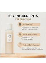 Toner bottle with key ingredients panel: Rice Extract and Rice Core Protein