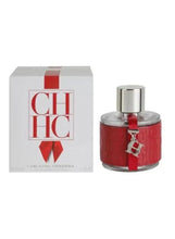Perfume bottle with red housing and silver spray top, with matching product box