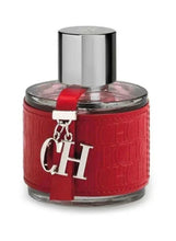 Men’s sport EDT fragrance bottle with silver cap, red base, and CH HC charm