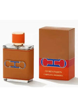 Men's eau de parfum bottle with orange cap and blue CH logo, with matching gift box
