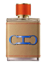 Eau de parfum bottle with orange ribbed cap, blue CH logo on tan label