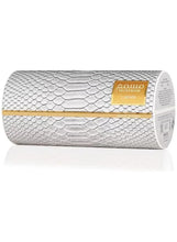 White textured cylindrical box with gold label and barcode side panel