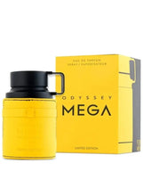 Armaf Odyssey Mega eau de parfum bottle with yellow label and black cap, plus box