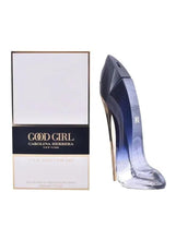 Stiletto-shaped perfume bottle in dark blue with clear base and gold heel