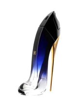 Stiletto-shaped perfume bottle with dark navy upper, clear body, and gold heel