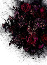 Floral perfume-themed graphic with dark purple and red rose petals