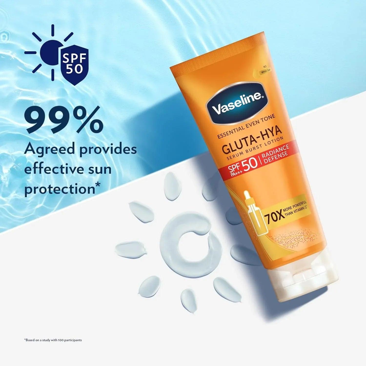 Vaseline Gluta-Hya SPF 50 serum burst lotion tube with 70X badge